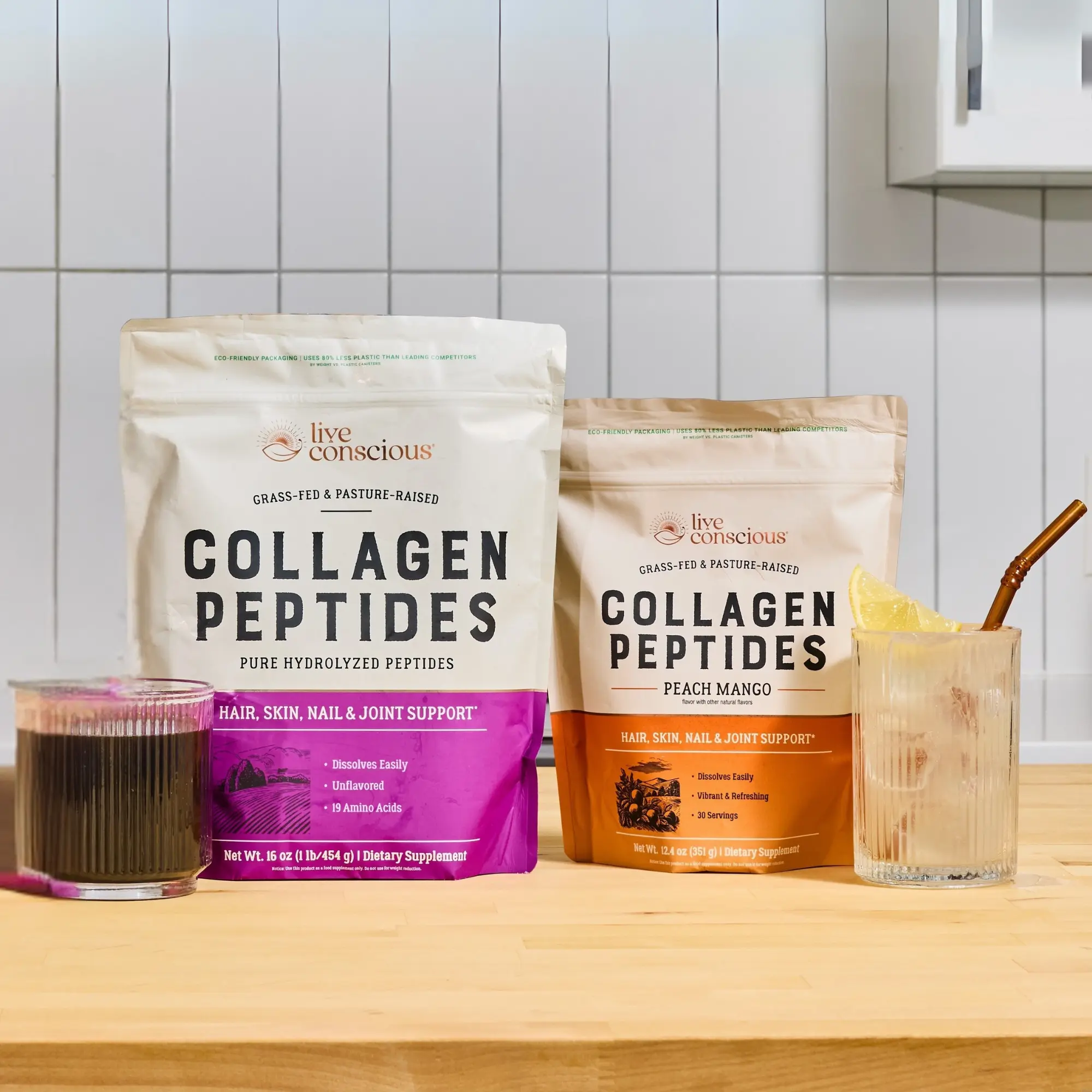 Live Conscious Collagen Peptides Powder - Peach Mango & Unflavored - Types I & III Hydrolyzed Bovine Collagen - For Hair, Skin, Nail & Joint Support