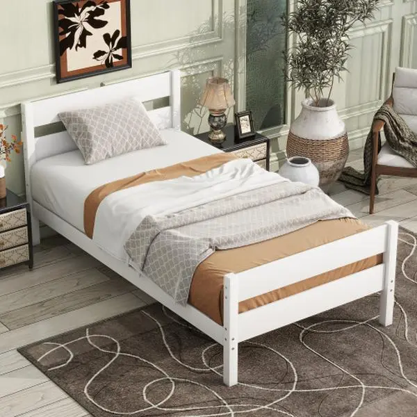 【Bellemave】Twin Bed with Headboard and Footboard,Rubber Wood Bed/White /Espresso/Grey