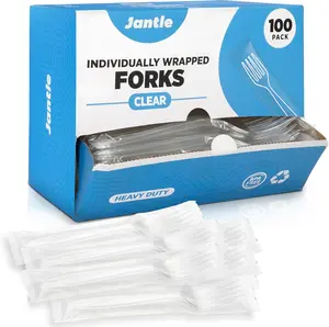 Jantle Individually Wrapped Disposable Plastic Forks with Dispenser Box, 100-Pack - Home Supplies for Catering, To-Go Meals