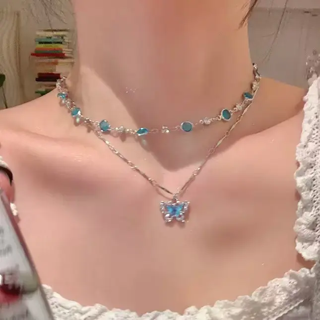 Women's Butterfly Double-Layer Artificial Gemstone Collarbone Necklace, Light Luxury Niche Style, Casual Female Fashion Versatile Jewelry, Model aA10205-XL