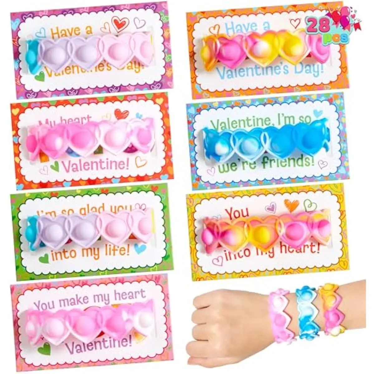 28 PCS Valentine's Day Gifts Cards with Heart Pop Fidget Bracelets, Stress Relief Pop Bubble Fidget Toys for Kids Girls Boys Valentines Classroom School Exchange Gifts, Party Favor Prizes