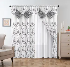 Petrichor Embroidery Sheer Curtain 2 Panels Set - Luxury Window Curtain Attached Valance with Satin Backing and 2 Tie Backs for Living Room,Dining Room, 54x84 inches, Gray