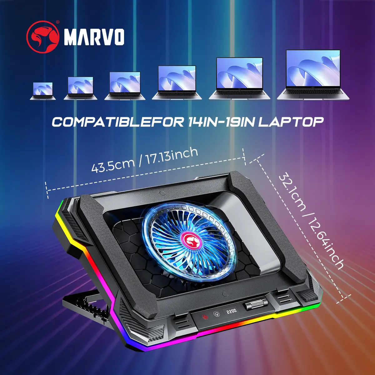 RGB Laptop Cooler Stand with LED Display - 140mm Fan 30000H Lifespan, 7-Level Angle, 10 RGB Modes, Dual USB 2.0, 1.2KG ABS, Compatible with 14-19 Inch Laptops for Gamers/Students/Office,back to school,back to school haul
