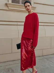Women's Sequin Midi Skirt, Stylish Elegant Statement Pleated Design, Perfect for Daily Parties & Special Occasions, Bottom