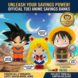 1PC Toei Animation Officially Licensed Piggy Bank - Luffy (One Piece), Sailor Moon, Goku (Dragon Ball) - High-Quality Desktop Figure Ornament Decoration - Adult Anime Collectible Coin Bank