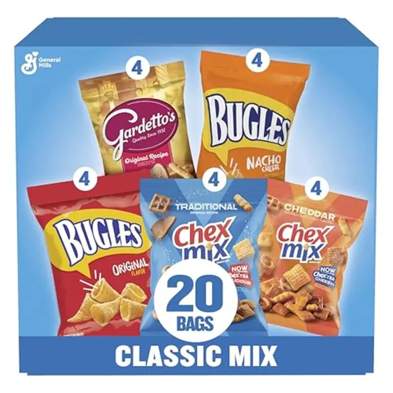 Classic Snack Variety Pack - 20 Bags, 28 oz, Contains Milk, Room Temp, Includes Bugles Original, Bugles Nacho Cheese, Gardetto's Original Recipe, Chex Mix Traditional, Chex Mix Cheddar