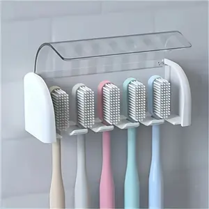 Self-Adhesive Wall-Mounted Toothbrush Holder Rack, Toothbrush Storage, Plastic Bathroom Organizer for Dorms & Showers, Holds Up to 5 Toothbrushes, No Power Needed