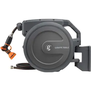 Giraffe Tools AW30 Garden Hose Reel Retractable 1/2" X 100 Ft Wall Mounted Water Hose Reel Automatic Rewind, Any Length Lock, 100 Ft, Dark Grey Giraffe Tools