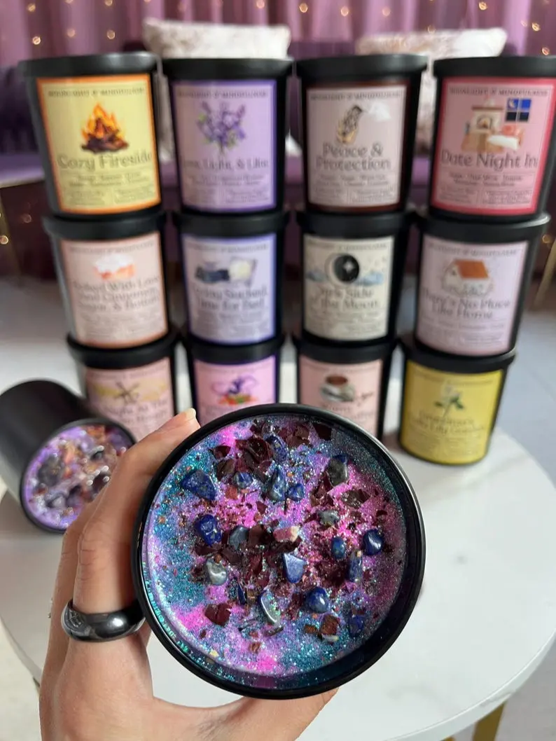Soy Wax Crystal Candles, Hand-Poured Vegan, Healing Energy, 55 Hr Burn, Flowers, Relax, Stress Relief, Glass Jar, Unique Gift, Witchy, Fall