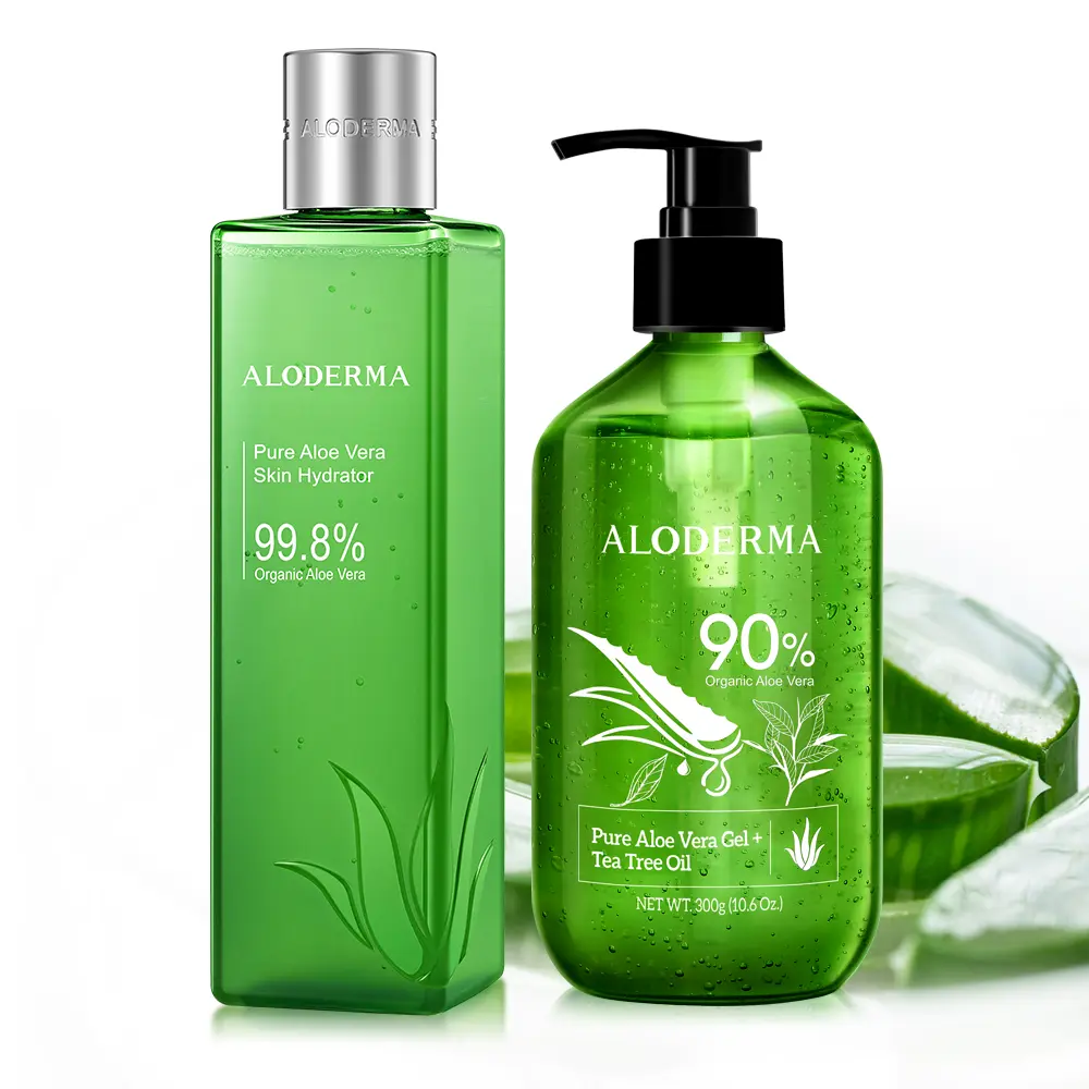 Aloderma Organic Aloe Vera Gel 2-Piece Set - 300g Aloe Vera Gel + Tea Tree Oil, Skincare Moisturizer, Hydrate Skin, Reduce Redness, Boost Radiant Complexion, Moisturize, Sensitive Skin, Soft Skin