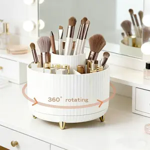 360 Degree Rotating Makeup Storage Box, Plastic Cosmetic Organizer with 5 Compartments, Multifunctional Brush Holder, Luxury Stripe Design