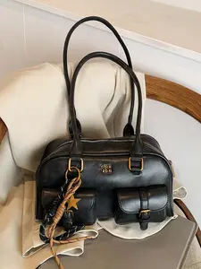 Niche design retro simple fashion shoulder bag, exquisite texture shoulder bag, double pocket design commuter shoulder bag, Pu Tote Satchel, unique bowling design suitable for daily shopping and dating afternoon tea, Pu Leather Bag, Casual Crossbody Bags