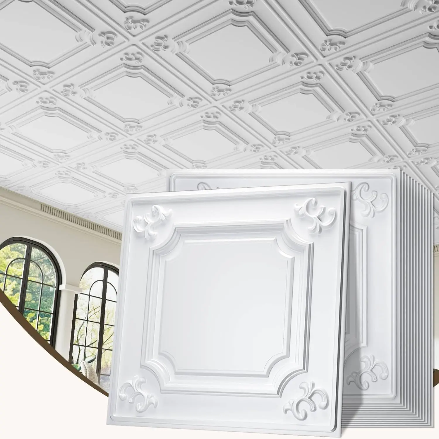 LOOYEE 24 PCS 24x24 in White PVC 3D French-Style Lightweight Fireproof Waterproof Wall Ceiling Panels, Reusable Commercial Decorative Panels for Interior Decoration, Restaurants (96 Sq.Ft), 3D Wall Panels