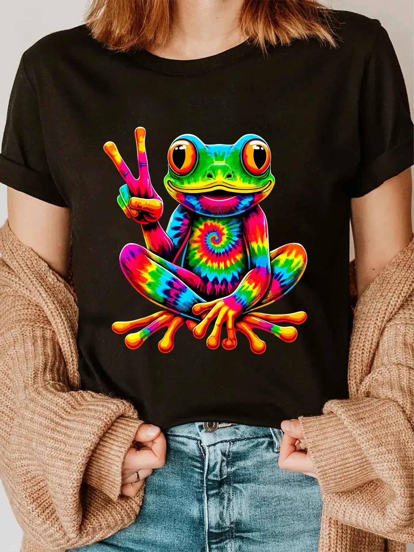 Women's 100% Cotton Short-Sleeve Vintage T-Shirt - Tie-Dye Frog Peace Sign Hippie Graphic Top, Everyday Casual Fashion Tee, Shortsleeve, Tshirt, Streetwear, Distressed Print Women's T-Shirts, Frog Theme Women's T-Shirts