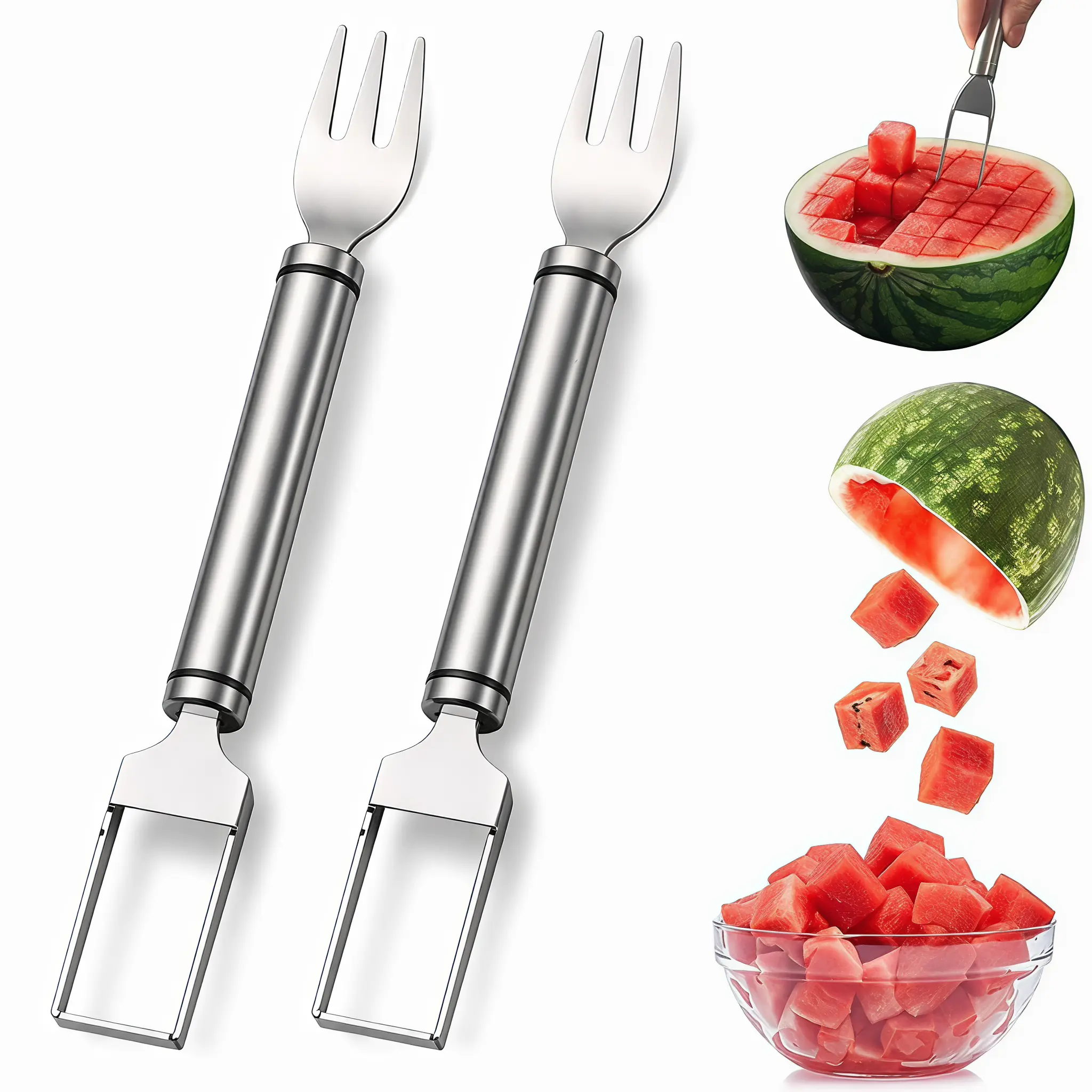 2Pcs Stainless Steel 2-in-1 Watermelon Fork Slicer Tool, Portable Kitchen Tableware Gadget for Home Party, Camping Cutlery Fruit Forks