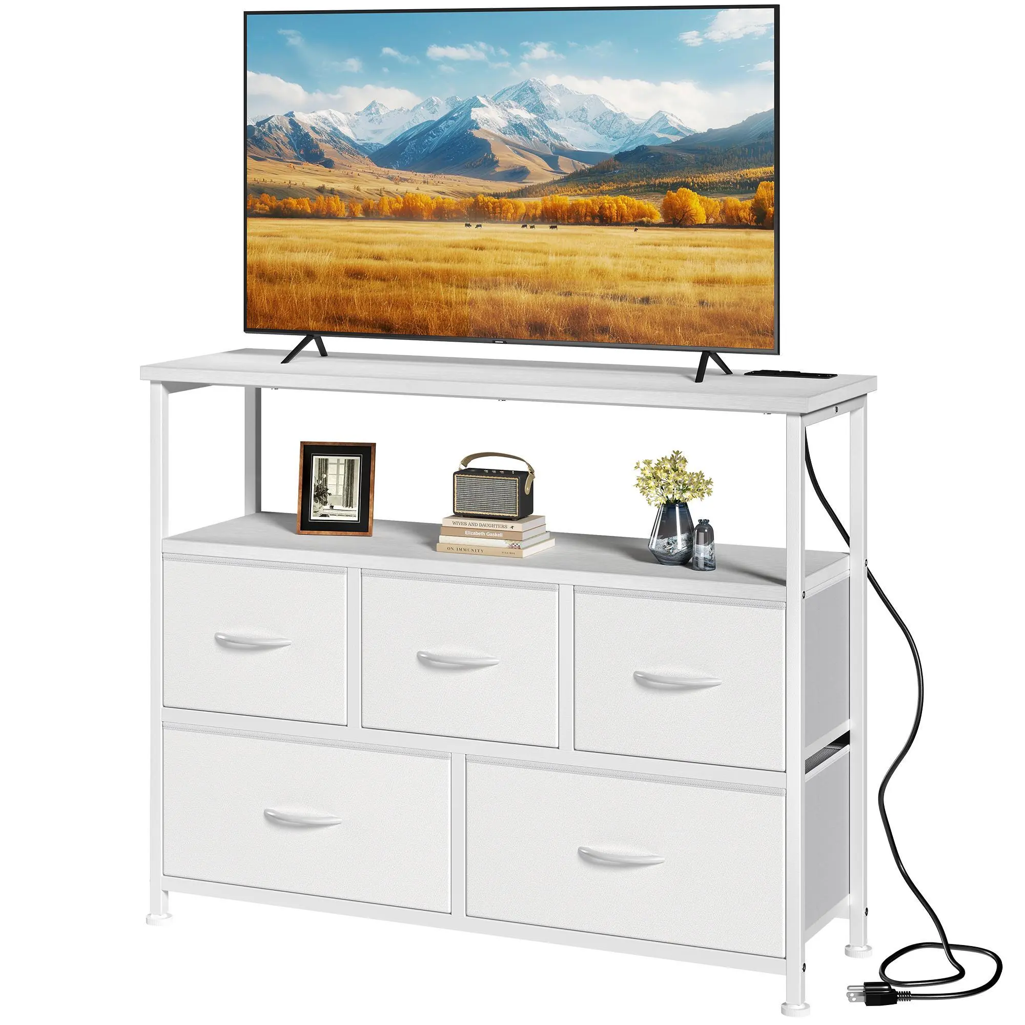 TV cabinet, dressing table with 5 fabric storage drawers, media cabinet with open shelves, fabric storage cabinet with charging station