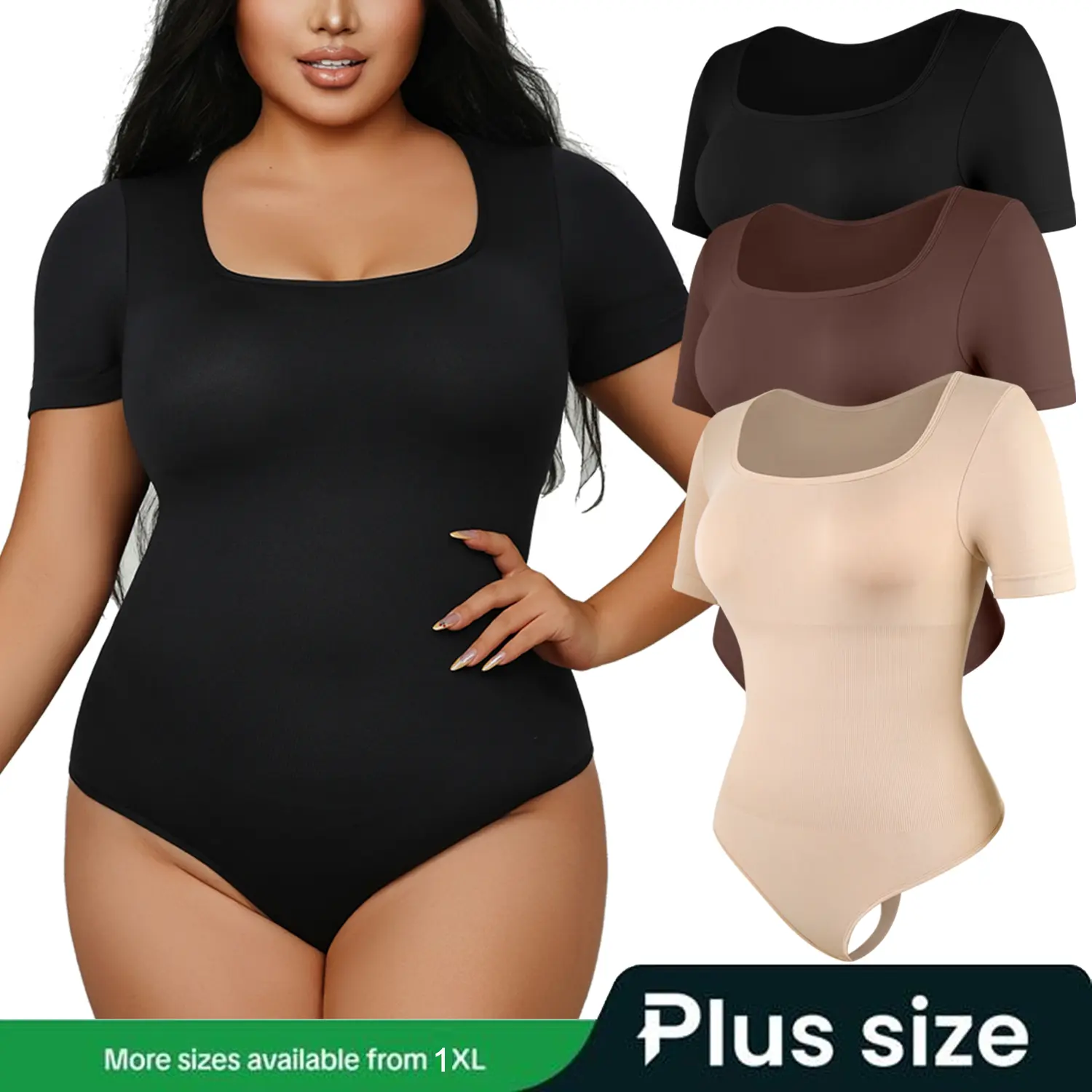 【Plus Size】Plus Size Women's Shapewear Abdomen Bodysuit, Solid Color Short Sleeve High Waist Underwear with Body Sculpting Compression, Firm Tummy Control, High Waist Shaping, Plussize, Wedding