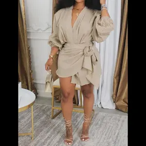 Women's Plain Tie Side Wrap V Neck Dress, Chic Elegant Formal Bishop Sleeve Mini Dress for Party Holiday Wedding Guest, Fall Dresses, Ladies Clothes for All Seasons, Womenswear