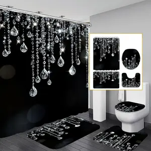 1PC/4PCS 2D Flat Printing Silver White Crystal Water Drop Curtain Patterned shower curtain, home bathroom decor, shower curtain set with 12 hooks, non-slip bathroom rug, U-shaped toilet seat cover, toilet seat mat, Bathroom Decoration Accessories