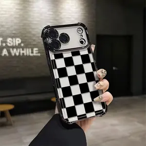 Black checkered four-corner drop-proof TPU phone case for iPhone 17Pro Max air 16 15 14Plus 13 12 11 Simple and stylish camera protection Shockproof Anti-Drop Shockproof Drop Protection Durable Phone Case