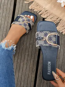  2026 New Fashion Women's Slide Sandals, Retro Monogram Canvas & Leather Buckle Flat Slippers, Open Toe Comfortable Casual Slides