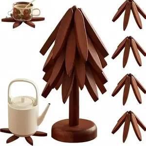 4PCS Foldable Wooden Trivets, Non-Slip Heat-Resistant Christmas Tree Hot Pot Holders with Storage Stand, Ideal Christmas Kitchen Decor & Countertop Protector Essential