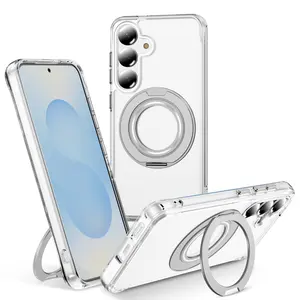 Magnetic Ring Stand Case for SAMSUNG S25 360° Rotatable Invisible Ring Stand Fit for MagSafe Shock Absorption Bumper Soft Flexible TPU Anti-Drop Anti-Fingerprint 360° Shockproof Screen Camera Protective Transparent Back Cover