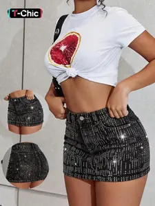 Women's Fashion New Denim Short Skirt, Spring Summer, Rhinestone Trendy Design, Elastic Comfortable Fit Style, Stretch Skirt, Casual Women's Skirt, Bottom, Everyday