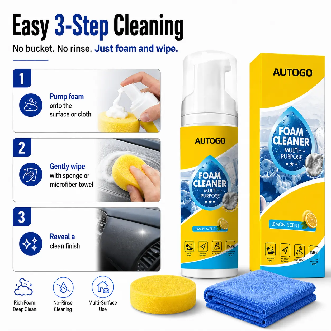 Foam Cleaner for Car Interior & Home – Multi-Surface, Rich Foam, No-Rinse Cleaning, Leather, Plastic, Fabric, 150ml with Sponge & Microfiber Cloth, Lemon Scent