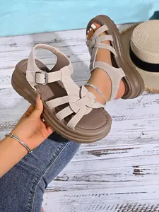 Women's Fashion Solid Color Thick Sole Strappy Summer Casual Sandals, Adjustable Platform Shoes, Lightweight Breathable Summer Footwear for Girls