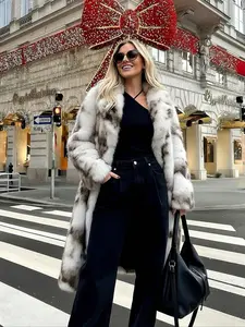 Women's Winter New Faux Fur Coat, Fashionable Thick Vintage Loose Long Sleeve Mid-Length Jacket, Elegant Western Style Lapel Outerwear