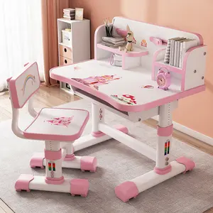 Student Learning Desk and Chair Set Pink Desk Set Height Adjustable with Drawers and Storage Compartments Desktop Cartoon Learning Desks and Chairs