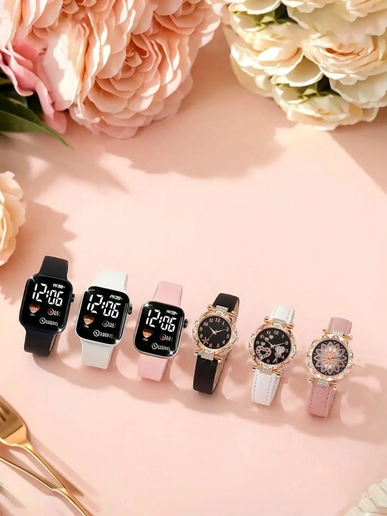 A set of 6 women's leather strap quartz watches Casual Trendy Wristwatch with waterproof LED display and electronic smart fitness sports watch Fashionable Wristwatch Quartz Analog Watch