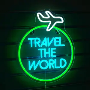 Travel The World Neon Sign, USB Plug Powered LED Glowing Wall Mounted Neon Light, Decorative Lamp for Home Wall Decoration, Party Atmosphere