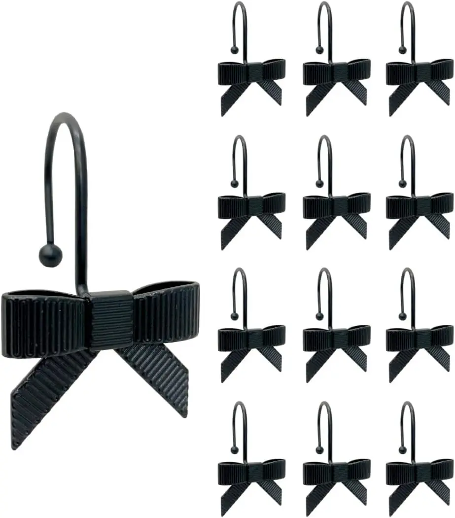 12PCS Decorative Bow Shower Curtain Hooks, Bow Knot Curtain Hooks Shower Rings for Bathroom Room Nursery Art Decors (Bow Knot) (Black)