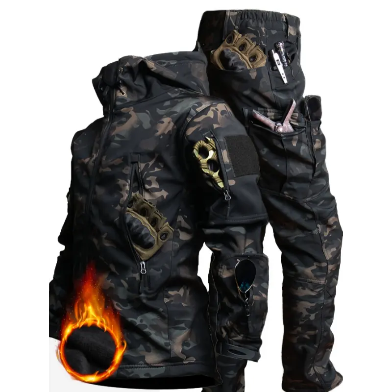 Men's Casual Camouflage & Plain Color Outfit Set, Water-Resistant Fuzzy Lining Jacket And Pants With Multiple Pockets Design For Outdoor Hiking Mountaineering, Autumn And Winter Clothing Menswear Sleeve Collar Sleeve Collar Sleeve Collar