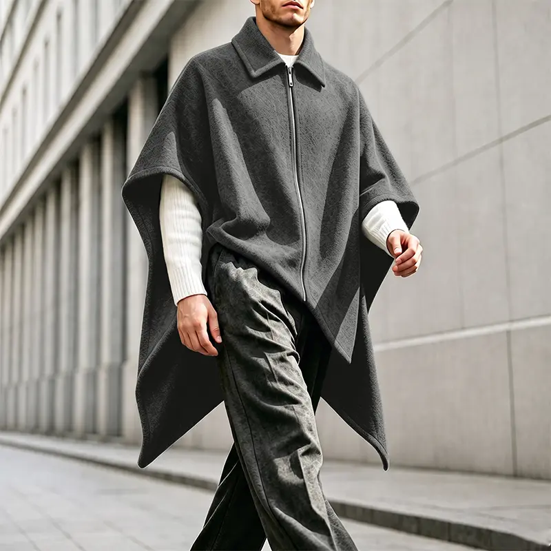 INCERUN Men's Front Zip Poncho Jacket, 100% Polyester Loose Fit Asymmetrical Hem Fleece Cloak Coat, Autumn Winter Casual Wear Menswear Outerwear