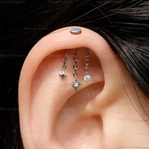 Vertical Helix Threadless Star Dangle Chain Earring, 316L Implant Steel Push in Stud, Flat Back Helix Piercing Jewelry, Silver/ Gold