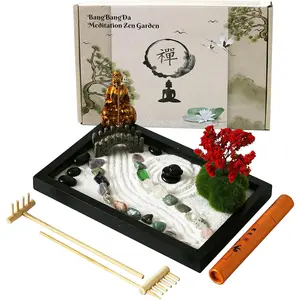 Miniature Mini Meditation Zen Garden Kit - Japanese Tabletop Crystal Stone Rock Sand Chakra Buddha Statue Zen Garden Unique Home Office Desktop Desk Zen Decor Ornament Zen Gifts for Father Mother Birthday Gifts Sandbox w/Rake Tool Accessories Bonsai