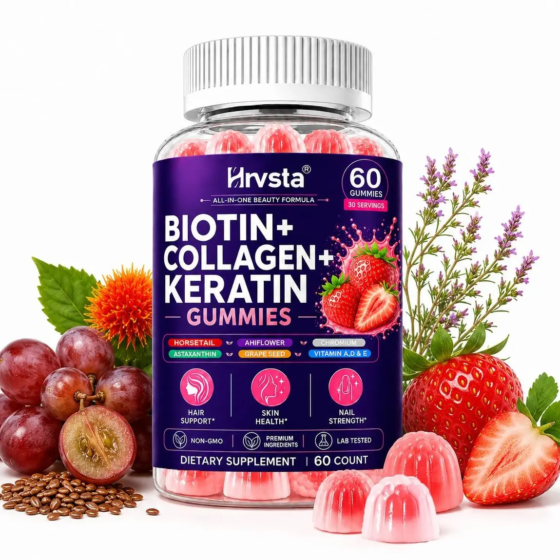 Hrvsta Dietary Hair-Skin-Nail Support Gummies, Natural Self Care Products with Biotin+, Collagen for Women, Keratin, Saw Palmetto, Pumpkin Seed, Astaxanthin Hair Growth Products