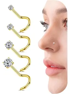 4Pcs Gold Filled Nose Stud 20G Steel Nose Ring Stud 1.5-3mm Round CZ Straight Bend Screw L Shaped Nose Studs Gold Nose Piercing Jewellery Hypoallergenic Nose Ring Jewelry Triple Nose Stud
