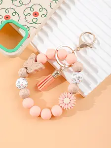Mother's Day Gift Women's Silicone Beaded Bracelet Keychain with Wooden Butterfly Pendant, Cute Style, Soft Keychain, Suitable for Teachers, All Seasons