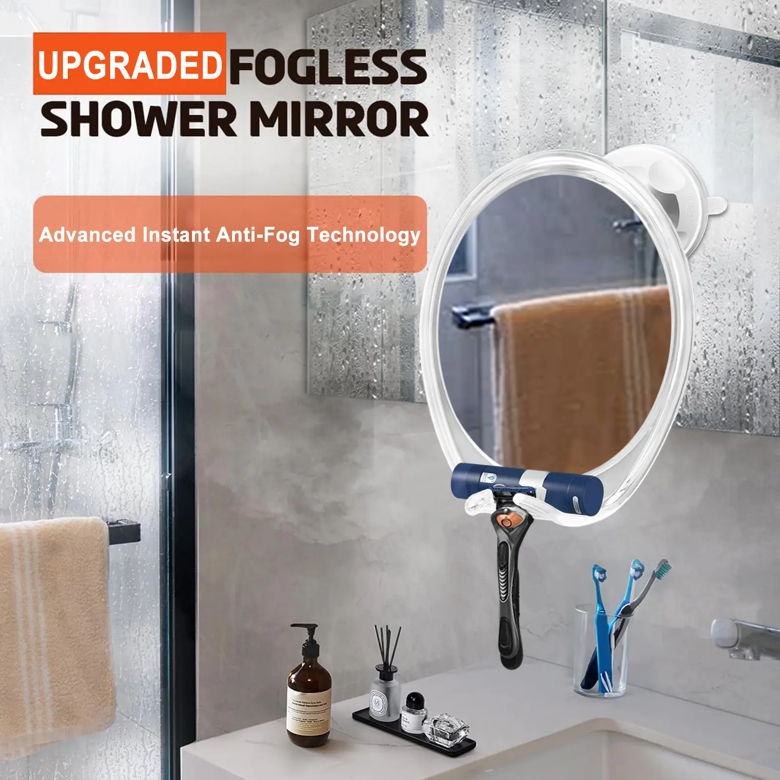 Fogless Shower Mirror with Suction Mount & Swivel – Anti-Fog Acrylic Bathroom Mirror for Shaving, Built-in Razor Holder, Easy to Install, Home Shower Accessory, Wall-Mounted Vanity Mirror, Birthday Gift Idea