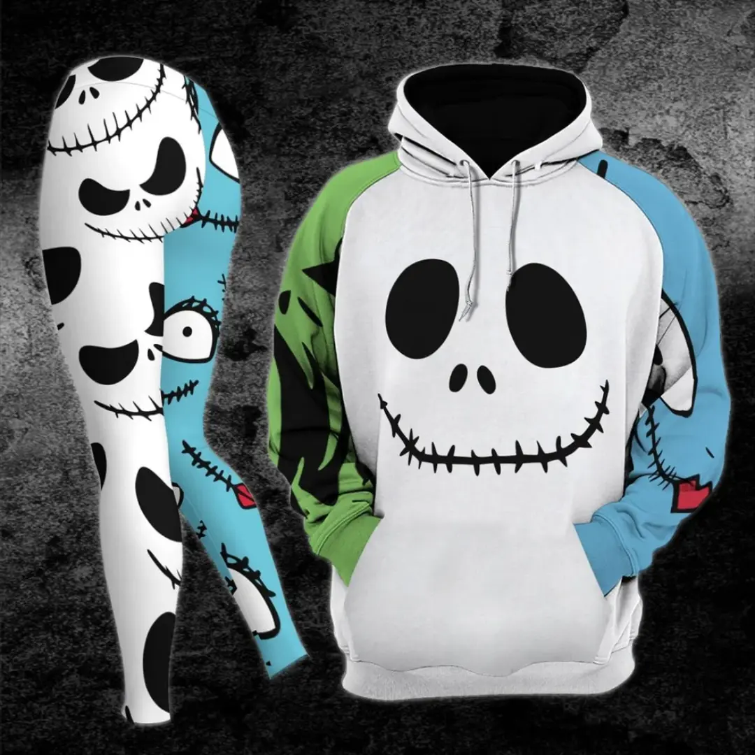 Gothic Skull Couple Hoodie and Leggings Set, Matching Dark Aesthetic Outfit for Couples, Spooky Night Graphic Hoodie with Coordinated Leggings, Alternative Casual Streetwear Matching Set