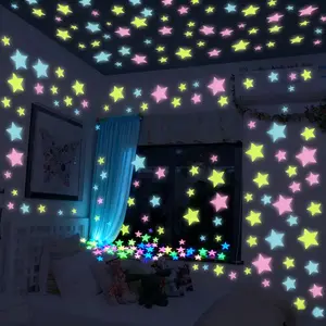 Bintang 500-Piece Mixed-Size 3D Glow-in-the-Dark Colorful Fluorescent Star Plastic Decorative Stickers Kit, Home Ornaments with 2 Free Moon Stickers for Bedroom Decor, Wall Decor, Room Accessories