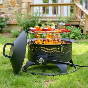Portable Propane Fire Pit, Smokeless Gas Fire Pit Bowl for Outside, 60,000 BTU Outdoor Firepit with Grill Grate & Lid for Camping, Patio, Yard, Garden
