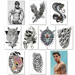Temporary Tattoos For Men Guys Boys & Teens - Fake Half Arm Tattoos Sleeves For Arms Shoulders Chest Back Legs Eagle Snake Owl Skull Cyborg Carp Fish Realistic Waterproof Transfers 8 Sheets 8x6"