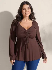 BLOOMCHIC Women's Plus Size Ribbed Spandex Fabric Blouse - Adjustable Drawstring Bodice, Flared Long Sleeves, T-Shirt Fit Garment [M-6X] 2026 Summer Pick for Lady Swimweek,Summer wins,Deals for you days
