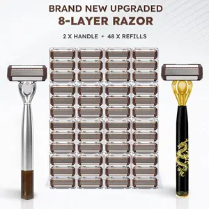 2 handles + 48 refills Luxury Shaving Set | Equipped with an 8-layer blade system, ergonomically designed grips, and meticulously crafted—ideal for grooming facial hair and sideburns, making it a perfect gift for Christmas, Valentine’s Day, and other cele