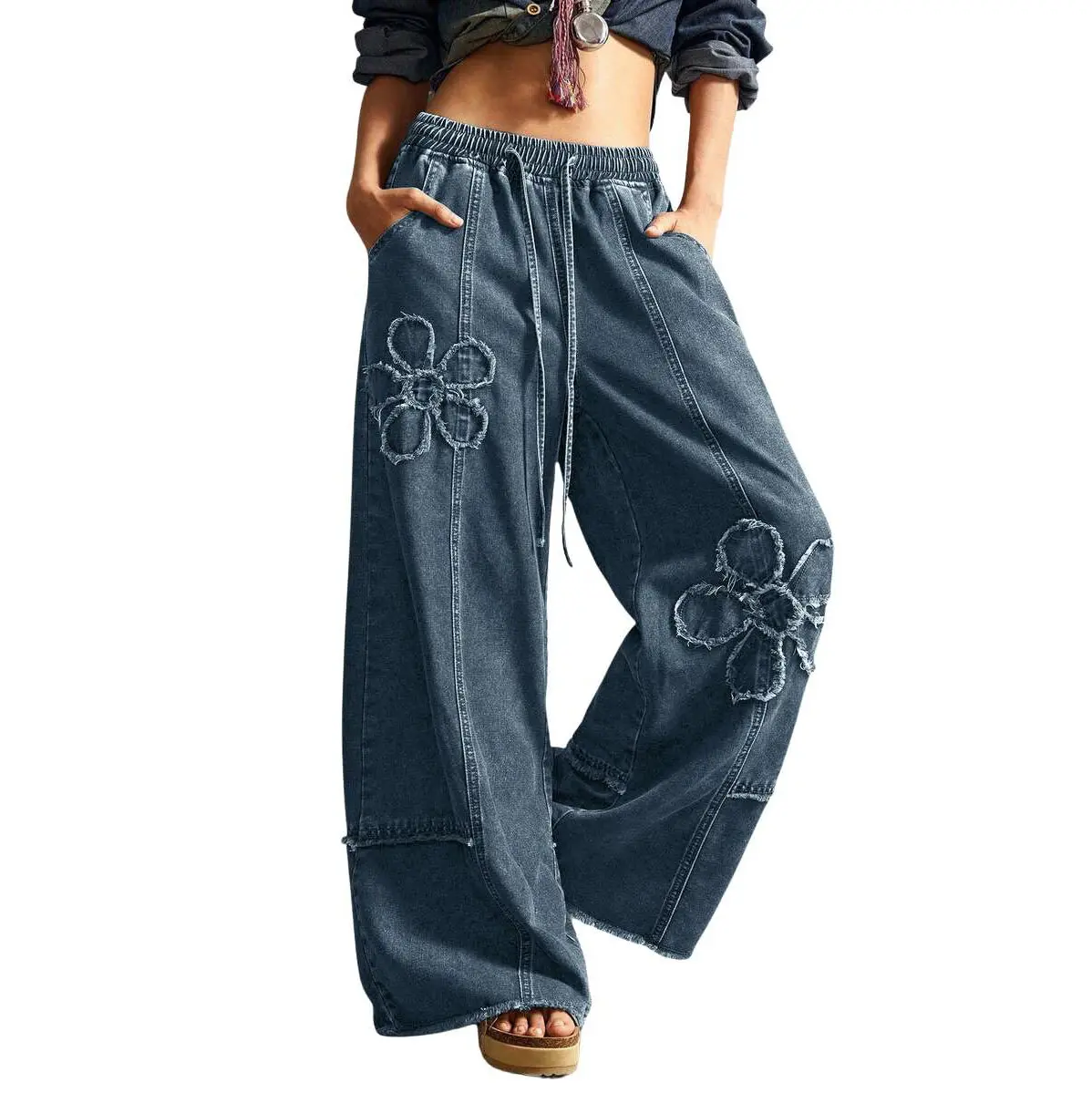 Chouyatou Y2K Distressed Fringe Wide Leg Denim Pants Women’s Boho Floral Baggy Palazzo Jeans